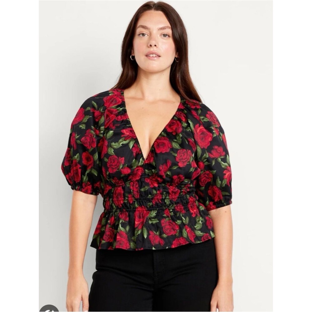 Old Navy Floral Smocked Babydoll Top XL Red Rose Print Puff Sleeve Boho